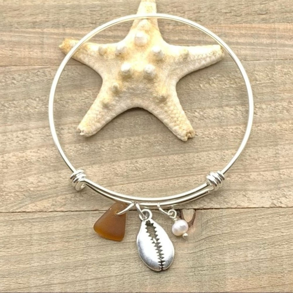 Sea Glass Beach Charm Bracelet w/ Shell And Pearl| Genuine Seaglass Jewelry